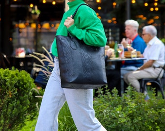Black shoulder bag by Kulikstyle, embossed leather tote bag for her, woman shoulder bag, large laptop bag