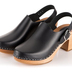 Black Leather Wooden Clogs With Clips, Swedish Clogs, Leather Shoes and ...