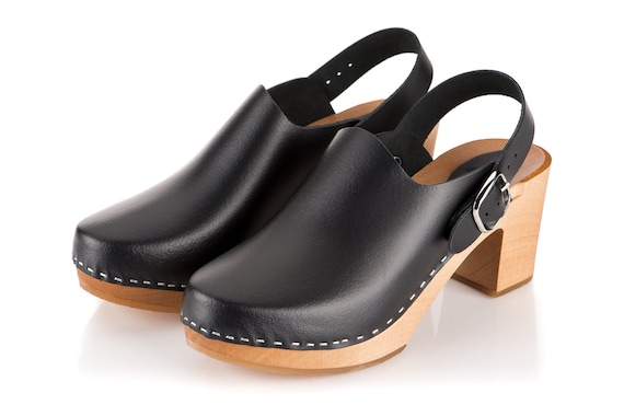 wooden leather clogs
