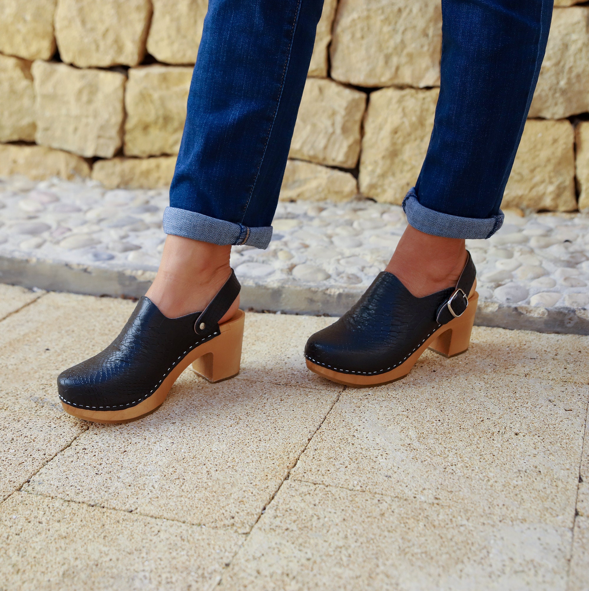 Pattern Clogs Black Leather Clogs With Pattern Mady by Kulikstyle - Etsy