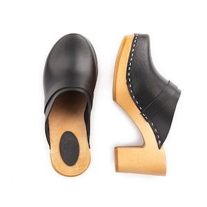 Black leather mules, wooden platform shoes fo her, handmade Swedish clogs,  clogs shoes for women  by Kulikstyle