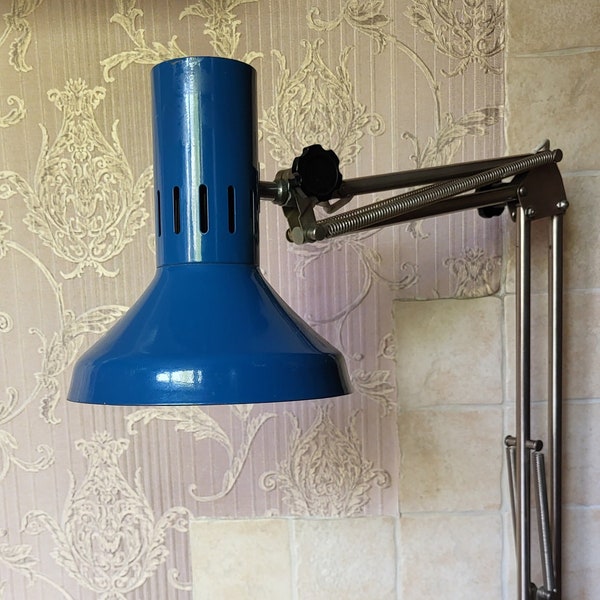 Vintage Blue Desk Lamp with Flexible Arm. Industrial Clamp Lamp. Adjustable Architect Light. Drawing Lamp. Clamp Light. Retro Desk Lamp.