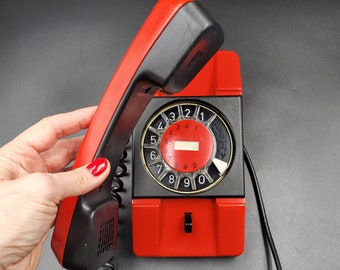 Landline Rotary Phone. Vintage Scarlet Red "TELKOM" Phone Made in Poland. Retro  Old Desk Telephone. Home Decor.