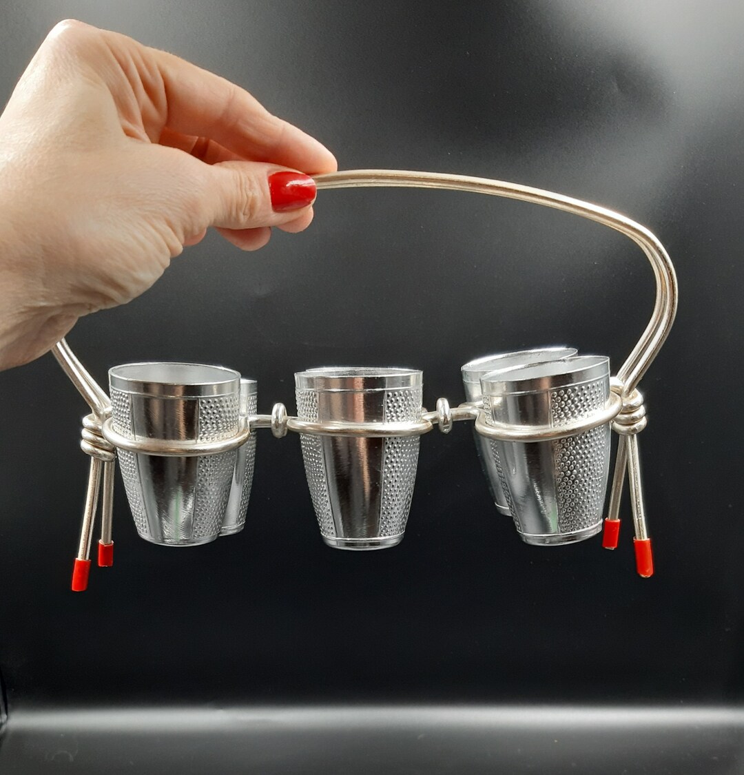 Vintage Set of Shots. 6 Small Aluminum Cups on a Stand. Made in GDR