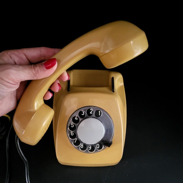 Landline Rotary Phone. Vintage Mustard Yellow "SIEMENS" Phone Made in Germany (DDR). Retro  Old Desk Telephone. Home Decor.