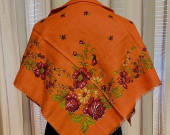 Traditional Ukrainian Head Scarf. Slavic Scarf. Babushka Shawl. Vintage Boho Scarf. Orange Shawl with Floral Pattern.