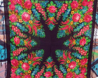 Huge Pavlovo Posad Shawl With IMPERFECTIONS. Priced to Sell! Black Wool Scarf with Bright Flowers. Floral Tablecloth
