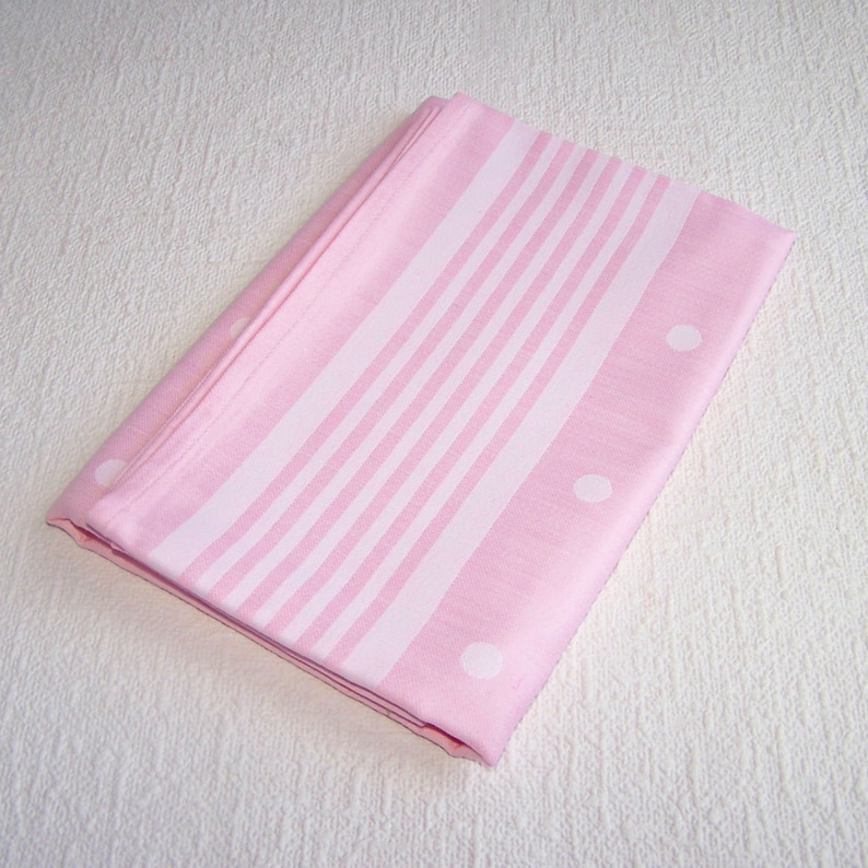 Square Table Runner. Small Jacquard Cotton Tablecloth Pink 31.5x 31.5 Tablecloth with White Polka Dot Pattern and Striped Border