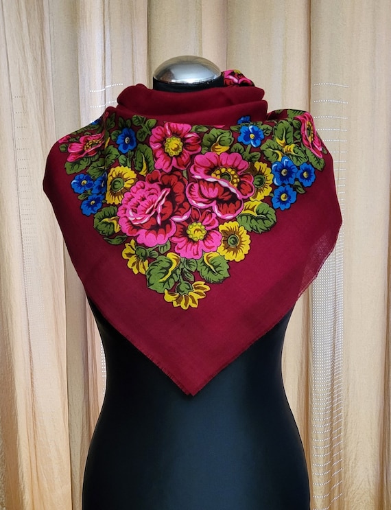 Unworn Ukrainian Wool Scarf. Burgundy Floral Head… - image 1