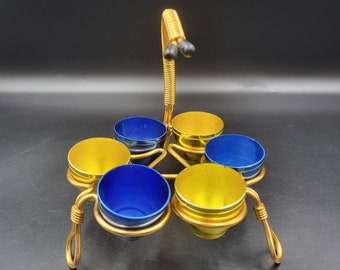 Vintage Set of Shots. 6 Small Blue and Yellow Aluminum Cups on a Stand. Made in GDR. Retro Set of Miniature Vodka Cups. Gift for Him.