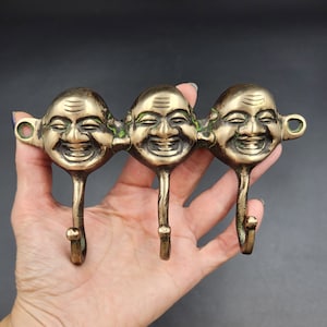 Laughing Buddhas. Vintage Bronze Three Hook Rack for Bathroom/Kitchen. Bronze Towel/Coat/Key Rack. Wall Sculpture. Home Decor.