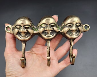 Laughing Buddhas. Vintage Bronze Three Hook Rack for Bathroom/Kitchen. Bronze Towel/Coat/Key Rack. Wall Sculpture. Home Decor.