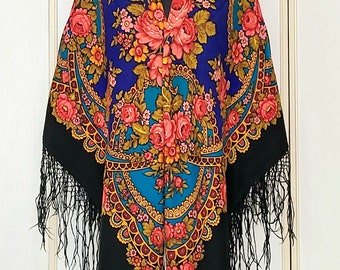 Gorgeous Pavlovo Posad Shawl "MAZURKA" by K. Zinovieva. VERY RARE! Blue and Black Floral Babushka Scarf. Vintage Boho Scarf With Fringe.