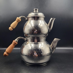 Vintage Double Teapot. Set of 2 Handmade Hammered Cooper Tea Kettles. Turkish Samovar. Stovetop Set for Tea Brewing.