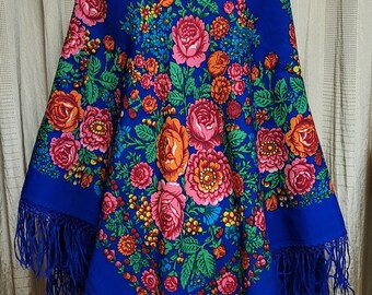 Authentic Russian Pavlovo Posad Shawl With Fringe by V.Taranenko. Wool Russian Scarf. Blue Boho Scarf with Flowers. Floral Tablecloth