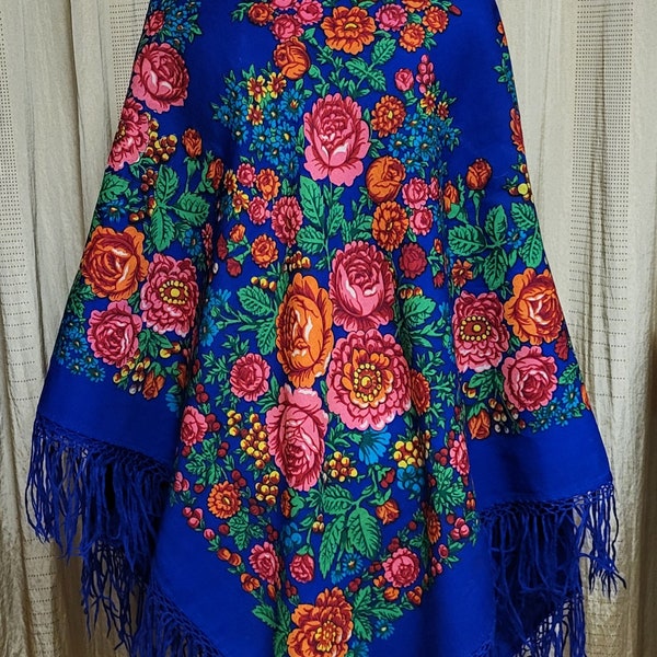 Authentic Russian Pavlovo Posad Shawl With Fringe by V.Taranenko. Wool Russian Scarf. Blue Boho Scarf with Flowers. Floral Tablecloth