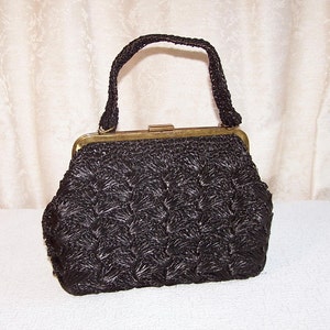 Vintage Black Wicker Handbag Made of Artificial Raffia with Brass Fittings. 1960s Handbag Made in the USSR. Vintage Accessory. Gift for Her.