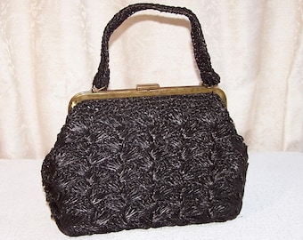 Vintage Black Wicker Handbag Made of Artificial Raffia with Brass Fittings. 1960s Handbag Made in the USSR. Vintage Accessory. Gift for Her.