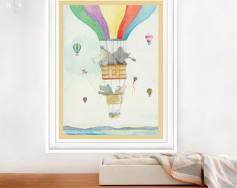 Balloon Trip Art Print Animal Illustratie, baby shower, Nursery Art Animal Print Wall Art Wall Decor Nature Art Print Animal Artwork Animo