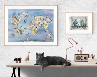 Dierenkaart van de wereld, gratis verzending, landen, dieren, kaarten,
