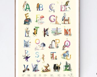 Engelse dierenalfabetposter, gratis verzending, ABC, dieren, Engels leren,