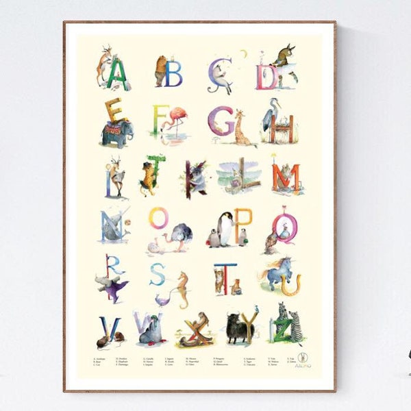 English Animal Alphabet Poster, Free Shipping, ABC, Animals, Learn English,