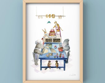Animo's bakkerij kunst muurprint taarten aquarel decor thuis café kunst dieren koekjes bakken illustratie cadeau voor hem hou ervan om keuken te bakken