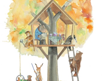 Herfst kunst print dierlijke illustratie kinderkamer decor kinderkamer kunst dierenprint muur kunst muur decor natuur kunst print dierlijke kunstwerken woondecoratie