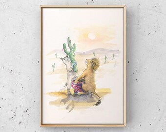 Kat en leeuw- Kunst Print A4