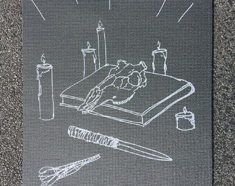 Ritual Black Printed Yoga Mat - Witchcraft Sage Candles Yoga Pagan Deer Skull Altar Screen Printed Hand Drawn