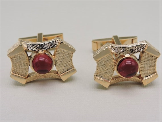 Vintage Red and Gold Tone Cuff Links - image 4