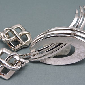 Trifari Brooch and Earrings Set/Silver tone Clip on Earrings and Brooch/Vintage Trifari Set