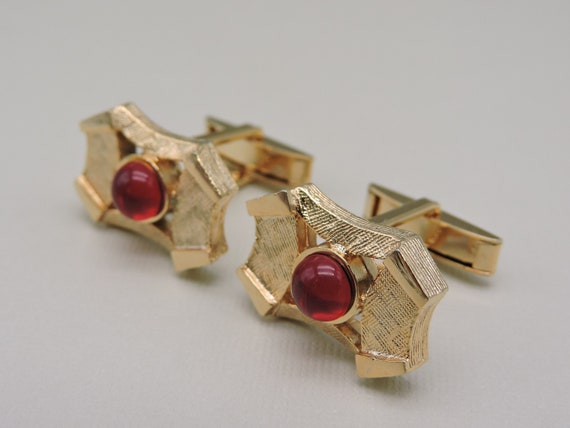 Vintage Red and Gold Tone Cuff Links - image 1