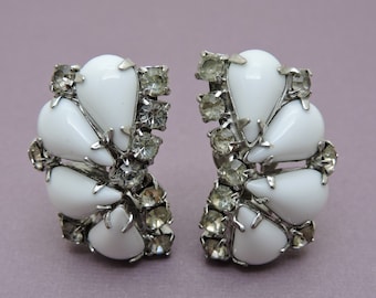 White Milk Glass Rhinestone Clip on Earrings
