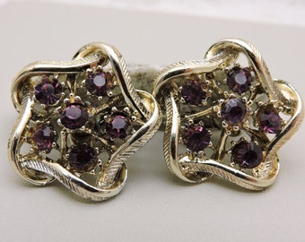 Coro Purple Flower Rhinestone Clip on Earrings,Costume Jewelry Clip on Earrings