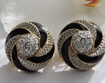 Black and Gold Tone Rhinestone Clip on Earrings