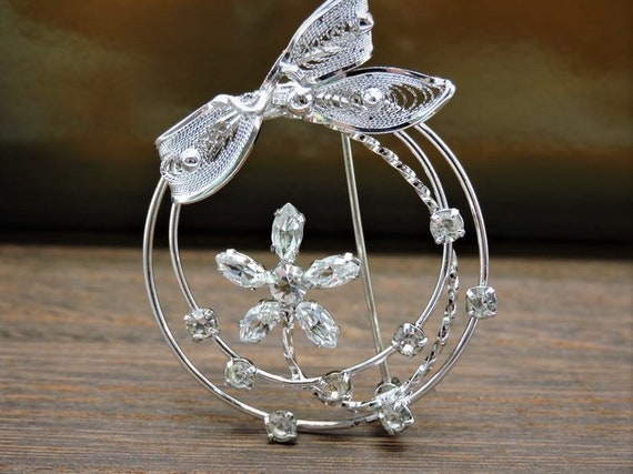 AM Lee  Rhinestone Flower Brooch Sterling Silver - image 2