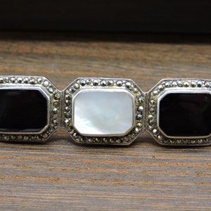Mother of Pearl and  Onyx Brooch Sterling Silver