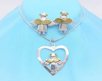 Angel Heart Silver and Brass Pendant Necklace and Clip on Earrings Set