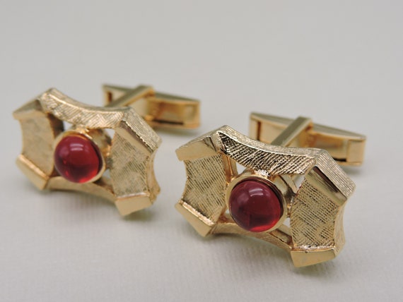 Vintage Red and Gold Tone Cuff Links - image 2