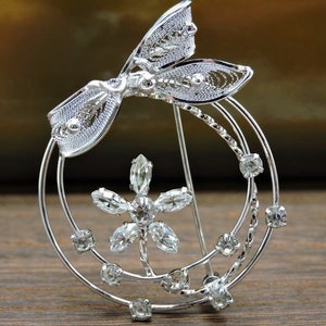 AM Lee  Rhinestone Flower Brooch Sterling Silver