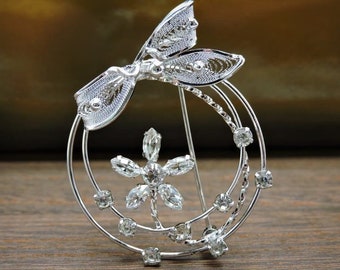 AM Lee  Rhinestone Flower Brooch Sterling Silver