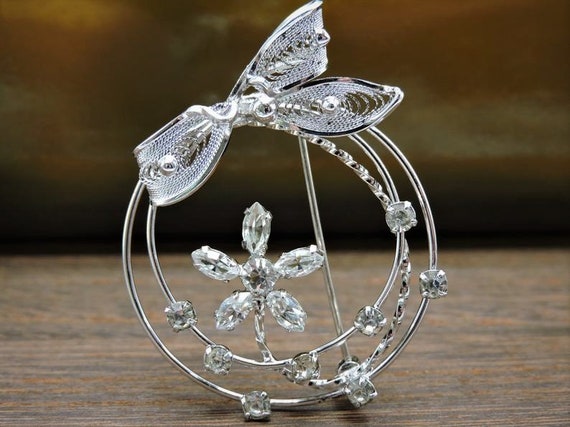 AM Lee  Rhinestone Flower Brooch Sterling Silver - image 1