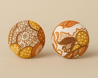 Neutral Fabric Button Earrings | Brown, Orange & Mustard Statement Studs | Cozy Fall Jewelry | Handmade Gift for Her