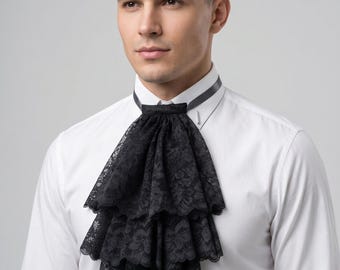 Black Lace Jabot, Vampire Cosplay, Pirate Cosplay, Steampunk Wedding Costume, Ruffled Collar