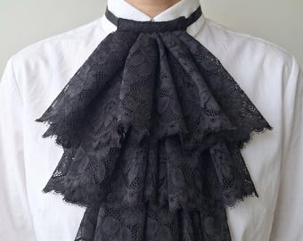 Black Lace Jabot, Vampire Cosplay, Pirate Cosplay, Steampunk Wedding Costume, Ruffled Collar