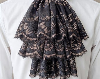 Black Gold Lace Jabot, Vampire Cosplay, Pirate Cosplay, Steampunk Wedding Costume, Ruffled Collar