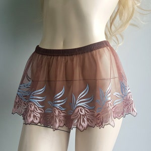 Brown Lace Shirt Extender, Mini Skirt for Layering, Sheer Embroidered Slip Extender, Short Micro Petticoat, Underskirt for Pants