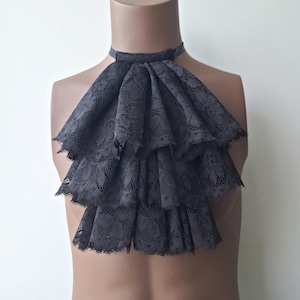 Black Lace Jabot, Vampire Cosplay, Pirate Cosplay, Steampunk Wedding Costume, Ruffled Collar