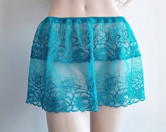 Handmade Sheer Lace Mini Skirt, Embroidered Floral Lingerie, Sea Wave
